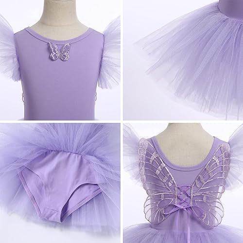 Vista 5 de AFAVOM Leotardos de ballet con alas de mariposa para niñas pequeñas, vestido de ballet con volantes, falda de leotardo de bailarina, traje