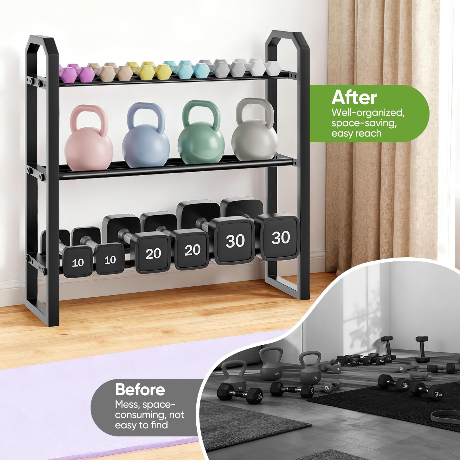 Soporte Mancuernas 3 Niveles, Estantería de Almacenamiento de Pesas Estructura en H 360 LB, Organizador de Metal con 3 NivelesAjustables, Revestimiento en Polvo para Gimnasio en Casa