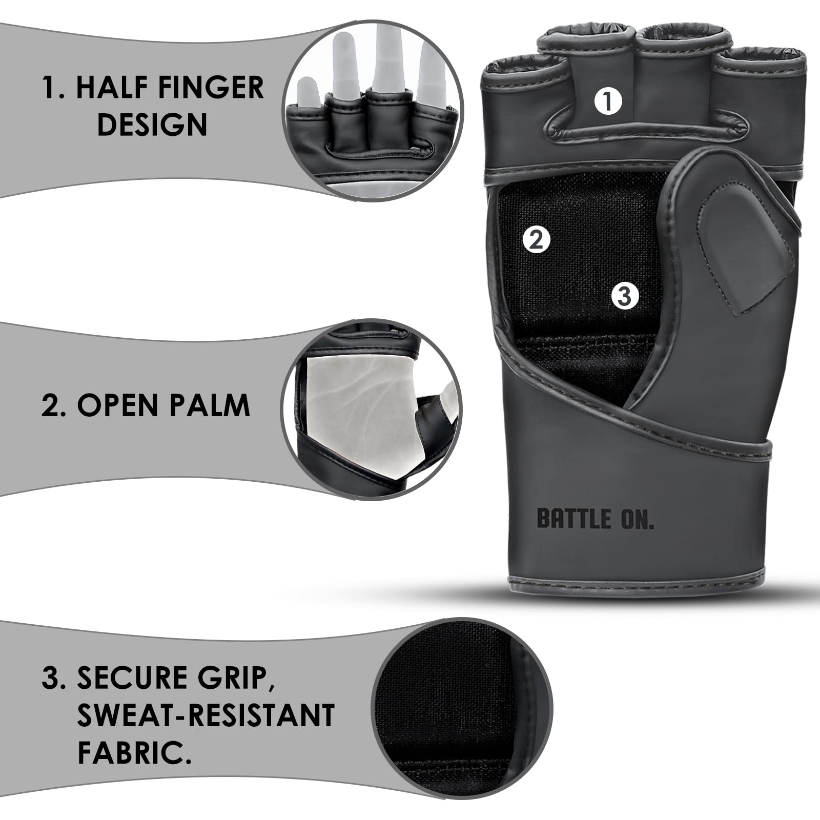 Gants MMA Hommes Femmes 12mm d'épaisseur - Gants de Grappling en Cuir PU Paume Ouverte Muay Thai Kickboxing Sparring Punching Training Cage Combat Mitaines d'arts Martiaux