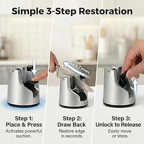 Miniatura 6 de Afilador de cuchillos para cuchillos de cocina, herramienta de afilado de ventosa de 3 etapas para cuchillas rectas y dentadas, afilador de tijeras