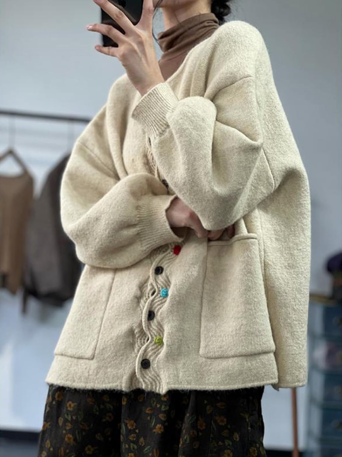 utcoco Women's Casual Loose Knit Cardigan Oversized Colorful Button Puff Sleeve Sweater Top with Pockets - Image 2