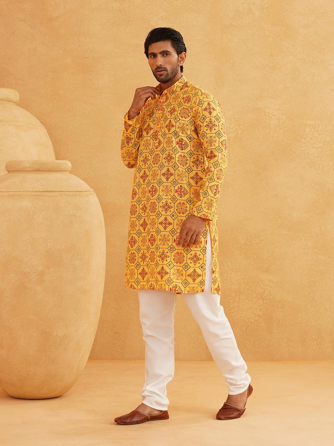 Size 54 Sojanya (Since 1958 Men'S Cotton Linen Blue Foil Printed Only Long Kurta