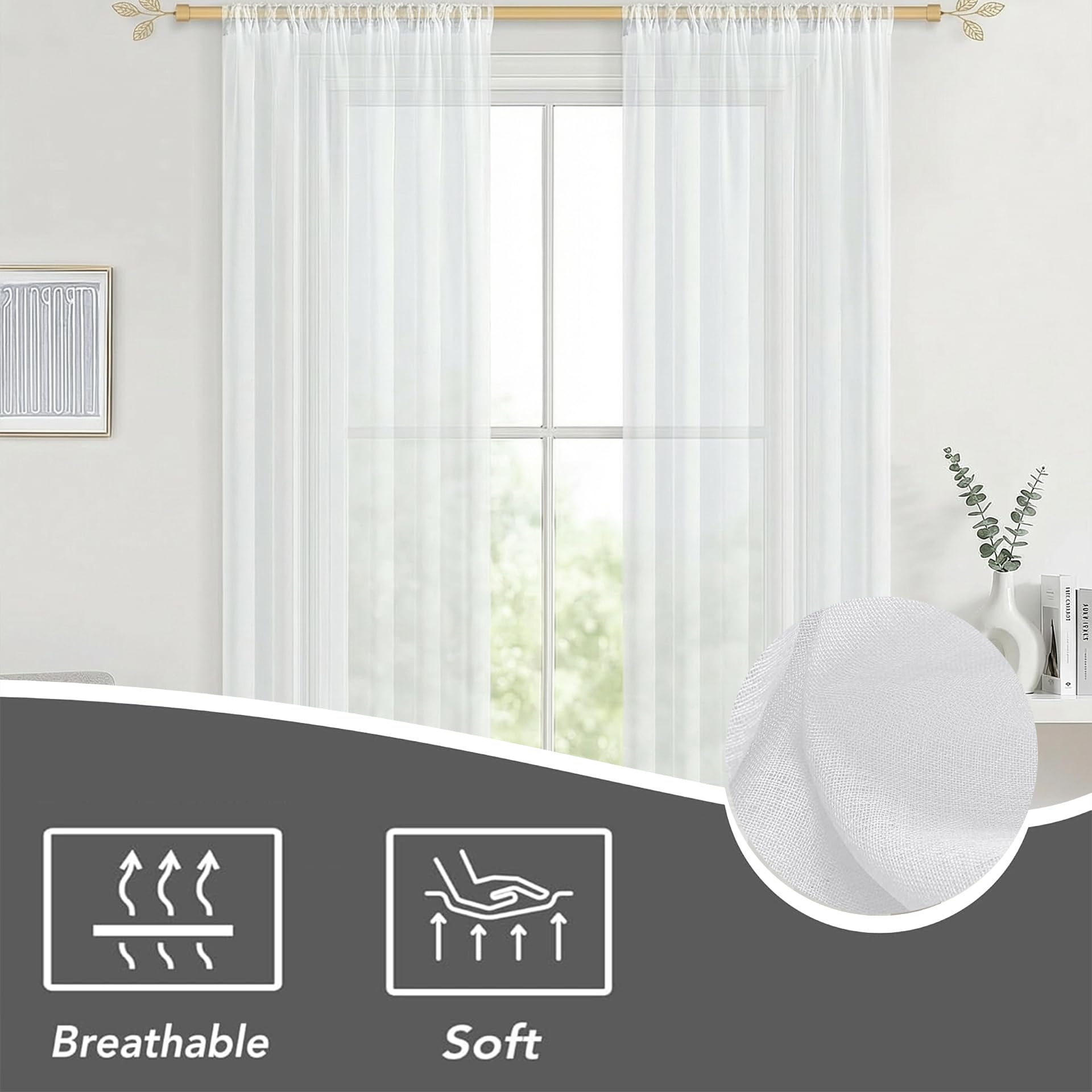 Rideau Voilage Semi Transparent 85 x 235 cm Filtrer La Lumière Protéger Le Privée Rideau Court Transparent Décoration Moderne Lavables pour Maison Salon Chambre, Blanc