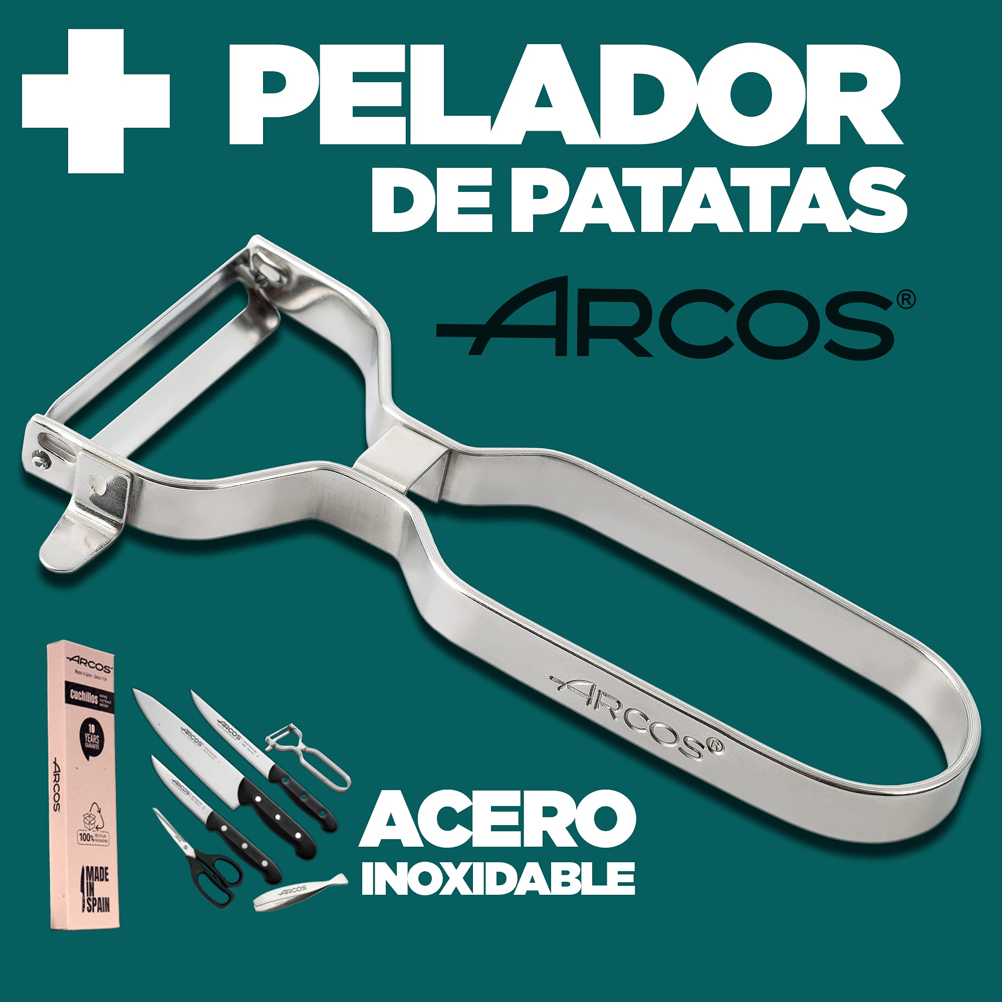 Arcos Juego Cuchillos Cocina cuchillos | Cuchillo profesional | 6 piezas | Chef 215 mm + Cocina 150 mm, Verduras 100 mm + Tijera cocina + Pelador de fruta y verdura + Pinza para pescado