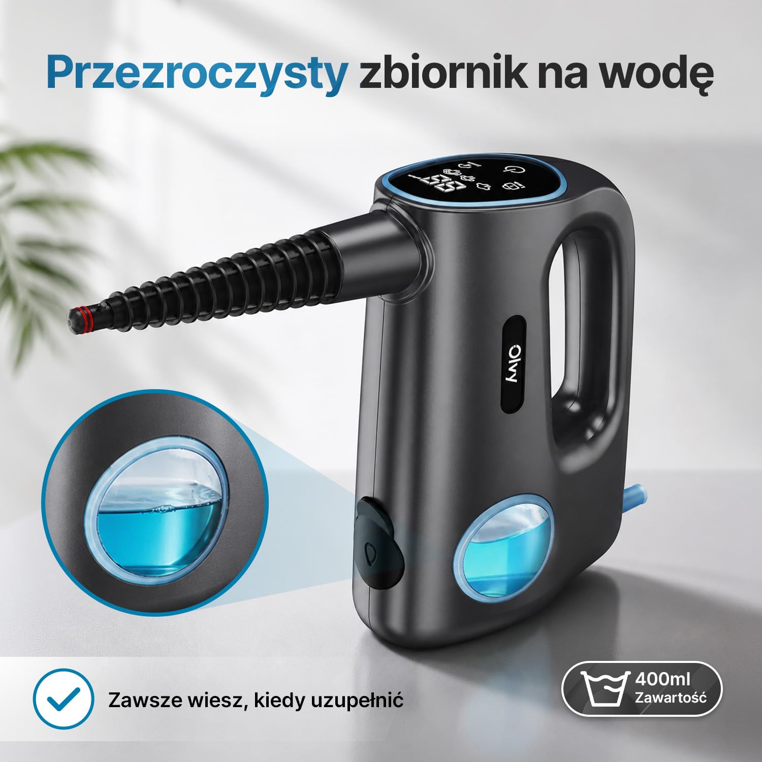 Olvy Ręczna myjka parowa 1200 W wysokociśnieniowa przenośna parownica z 3 poziomami pary i 10-częściowym zestawem akcesoriów, zbiornikiem 380 ml, do płytek domowych, mebli, kuchni i łazienki