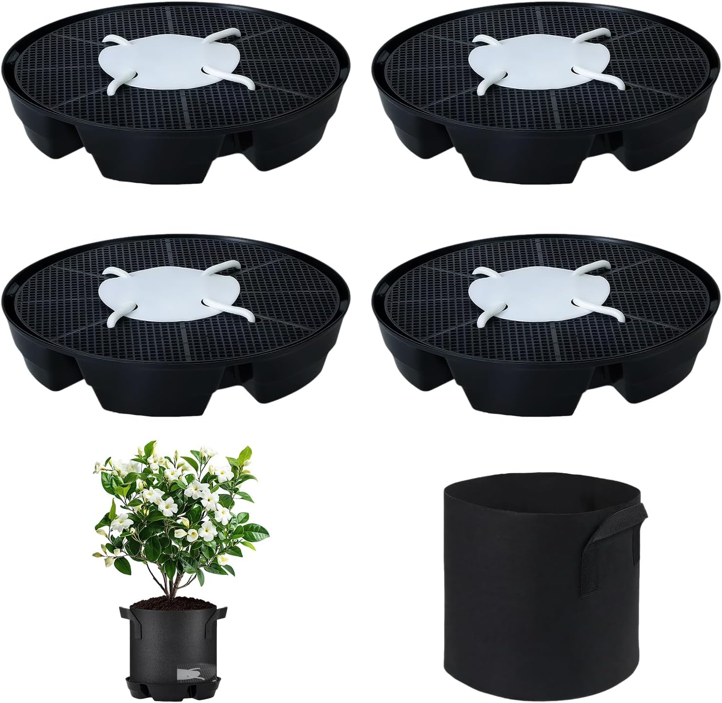 4Pcs Self Watering Pot Base with 1 Plant Grow Bag, Self Watering Pots for Indoor Plants, Plant Saucers, Auto Watering for Plants Indoor - Auto-Irrigation System for 5 Gallon Fabric Pots