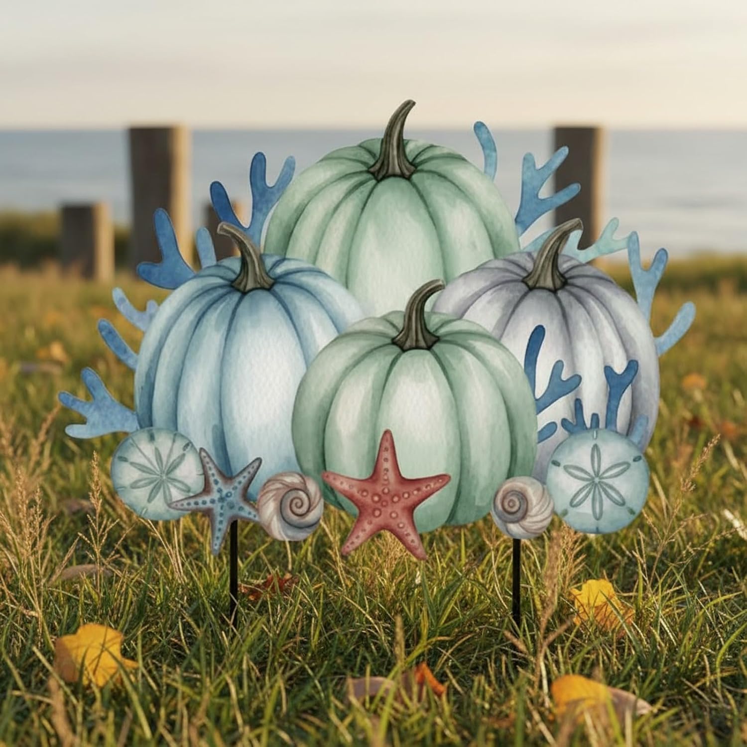 Coastal Fall Decor Outdoor - Coastal Pumpkin Decor Fall Metal Yard Stakes Welcome Autumn Yard Sign for Home Decorations 28.3×11.8 Inch image 5
