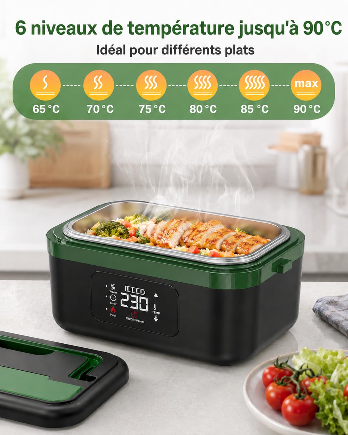 LANMOU Gamelle Chauffante Batterie Sans Fil, 1000ml, Minuterie | Lunch Box Chauffante Rechargeable USB-C, Cuve amovible Inox 304, 6 Temps, Maintien Chaud, Pour Bureau Chantier Voiture