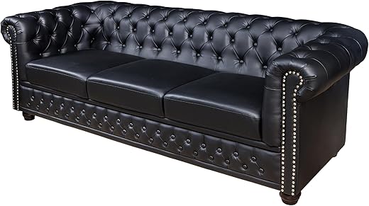 riess-ambiente.de Chesterfield 3-Sitzer Sofa 205cm schwarz Kunstleder Nietenbesatz Federkern