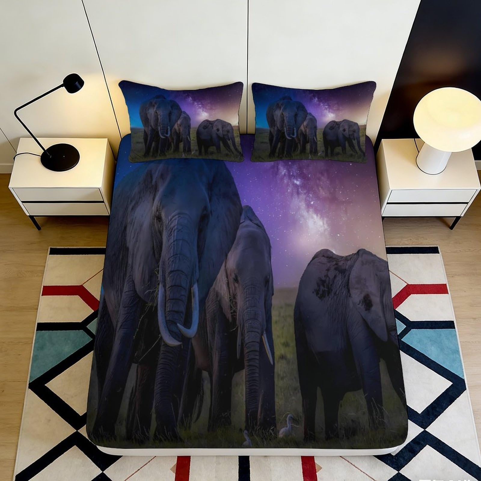 3D Printed Elephant Night Sky Fitted Sheet Microfiber Soft Breathable Starry Galaxy Bed Cover for Bedroom Dorm Dormitory Guest Room Mattress Protection 200x200x25cm