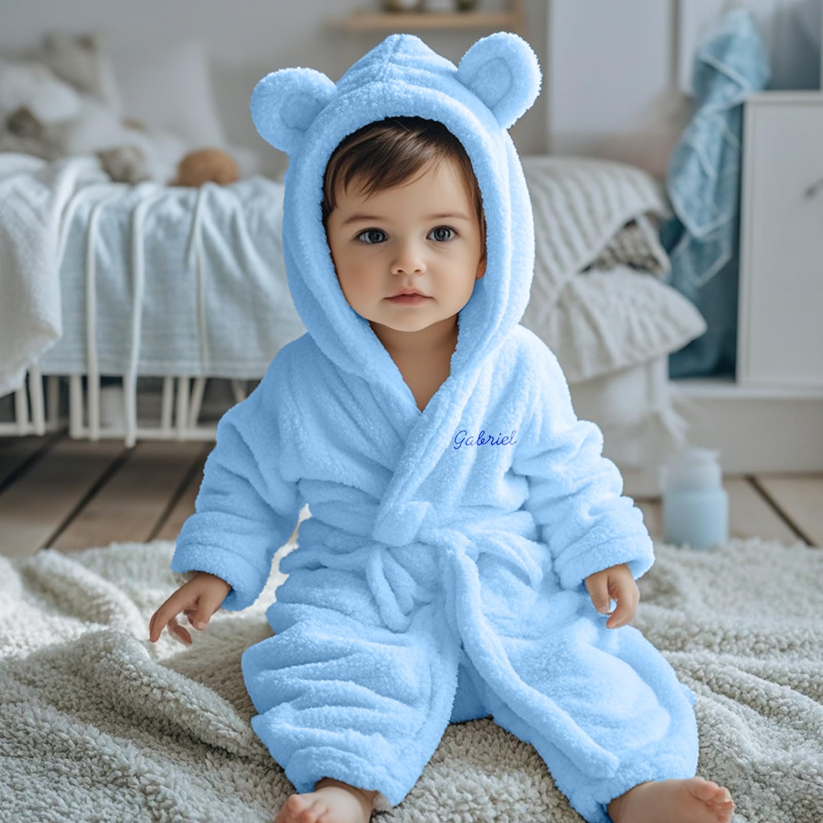 Peignoir Bébé Personnalisé avec Nom Brodé, Flanelle Douce, Cadeau Naissance