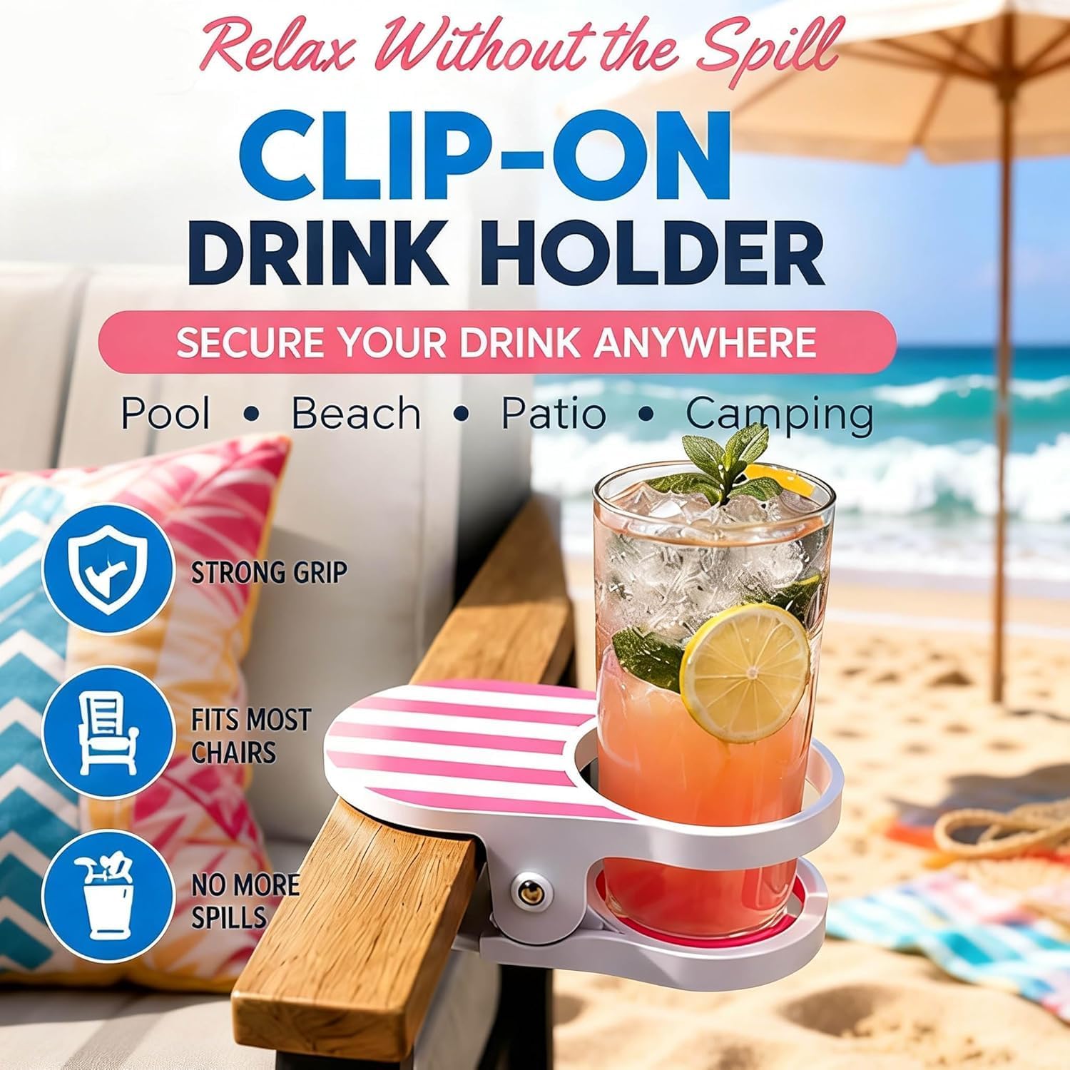 3 Clip-on Beverage Holders – securely Hold Your Drinks Anytime, Anywhere; Beach Chair Cup Holder with Clips; Portable Cup Holder; Suitable for desks and Outdoor Locations image 5