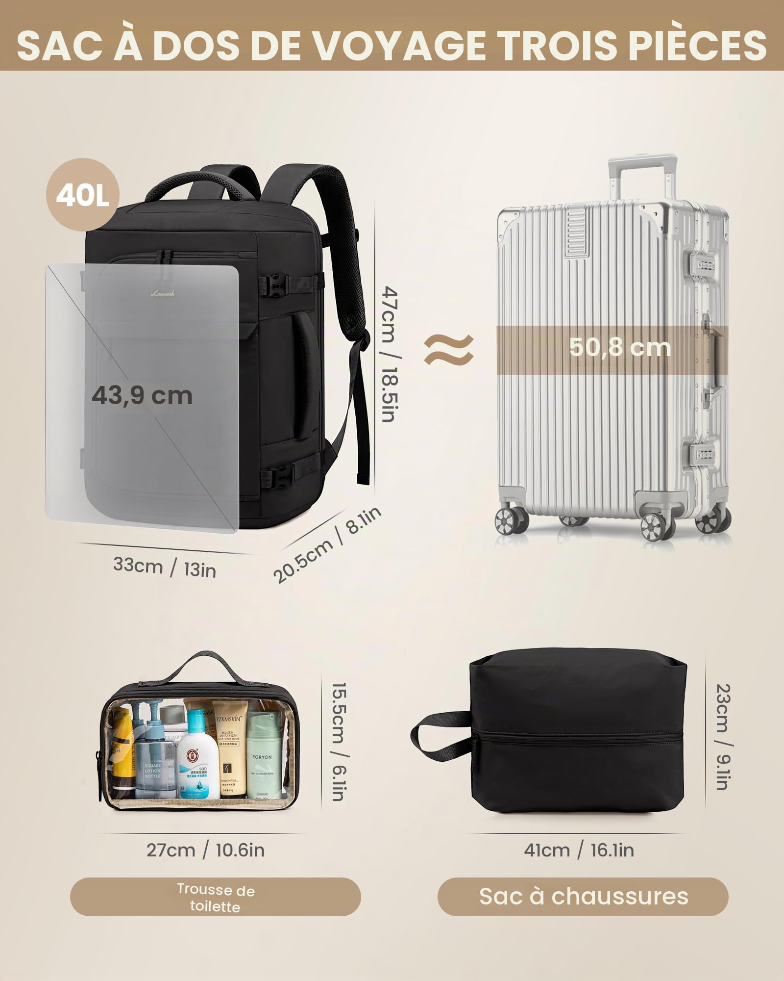 LOVEVOOK Sac À Dos Voyage Cabine Avion 40L Antivol Imperméable Ordinateur