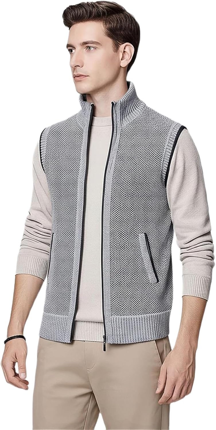 Men's Full Zip Sleeveless Knitted Vest Stand Collar with Ribbed Hem