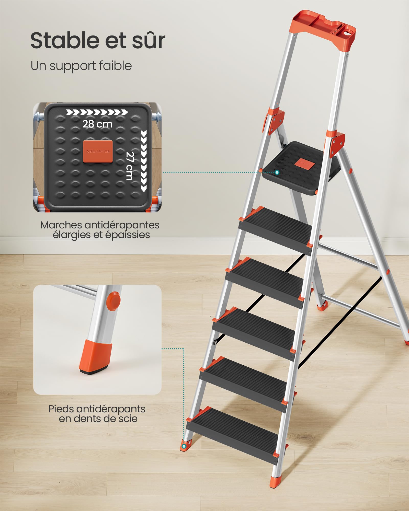 SONGMICS Échelle 6 Marches, en Alliage d'Aluminium, Escabeau, Largeur de la Marche 12 cm, Pliable, Plateau à Outil, Pieds Antidérapants, Capacité de Charge 150 kg, Noir et Orange GLT06BK