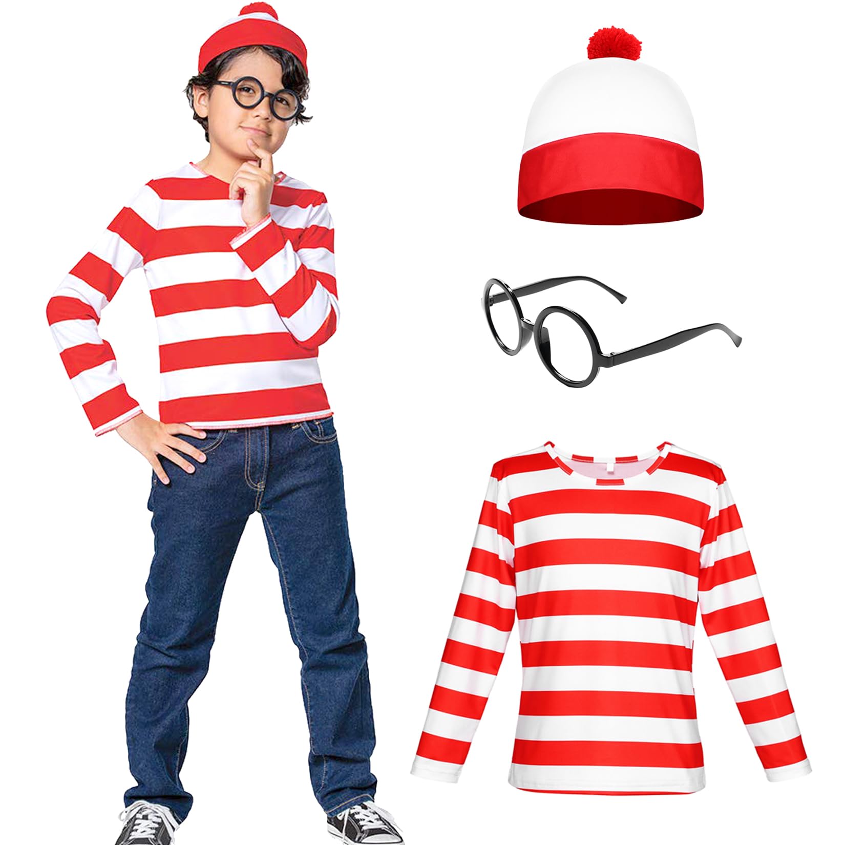 Alaiyaky Red and White Striped T-Shirt Set for Adult Kids, 90s Fancy Dress Striped Top with Beanie Hat Glasses Striped Socks, Halloween Costumes Book Day Outfit for Boys Girls Men Women