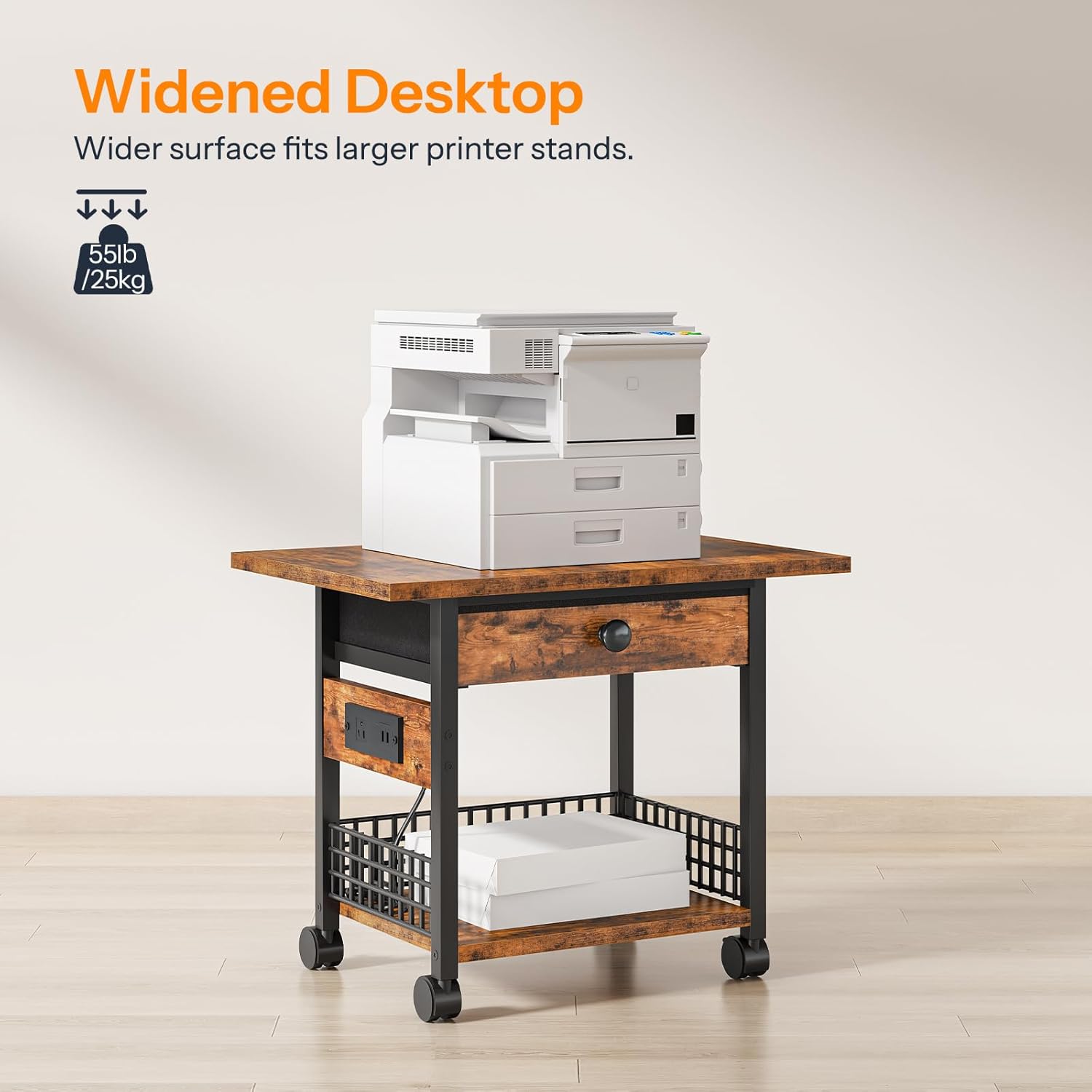 HOOBRO Printer Stand with Charging Station, 2-Tier Printer Cart, Under Desk Printer Table with Power Outlet, Wheeled Printer Table with Fabric Drawer, for Home Office, Rustic Brown and Black BF56UPS01