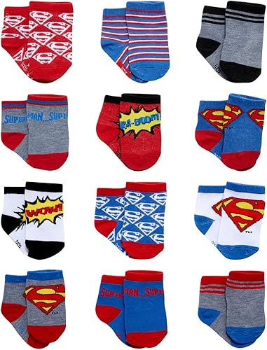 DC Comics Calcetines para bebés niños y niñas, paquete de 12 calcetines de Batman, Wonder Woman, Superman, Liga de la Justicia, Super Girl (0-24M)