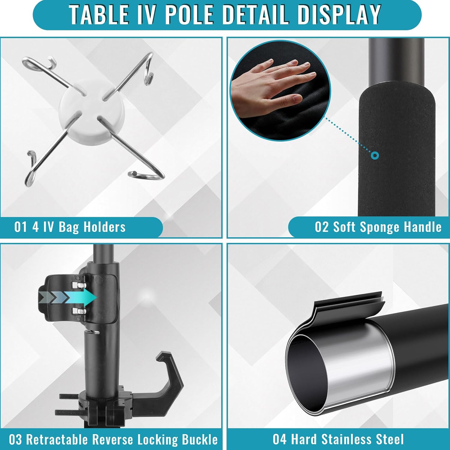Table IV PolesTelescopic,32 to 56In Portable Desktop IV Stand with Storage Bag 4 Hooks IV Bag Holder Frosted Pipe Extension Pole IV Influsion Pole for Home Hospital Clinic
