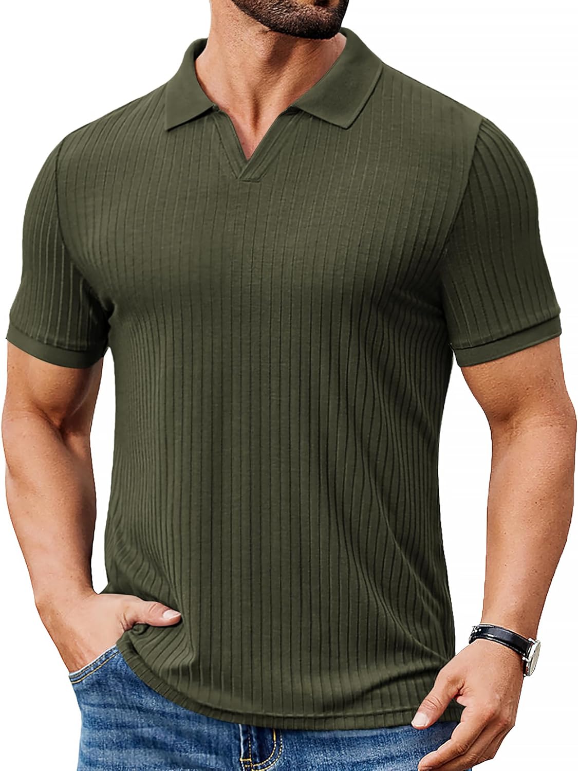 COOFANDY Men's Ribbed Polo Shirts Short Sleeve V Neck Slim Fit Polo T-Shirt Casual Summer Collared Golf Shirt