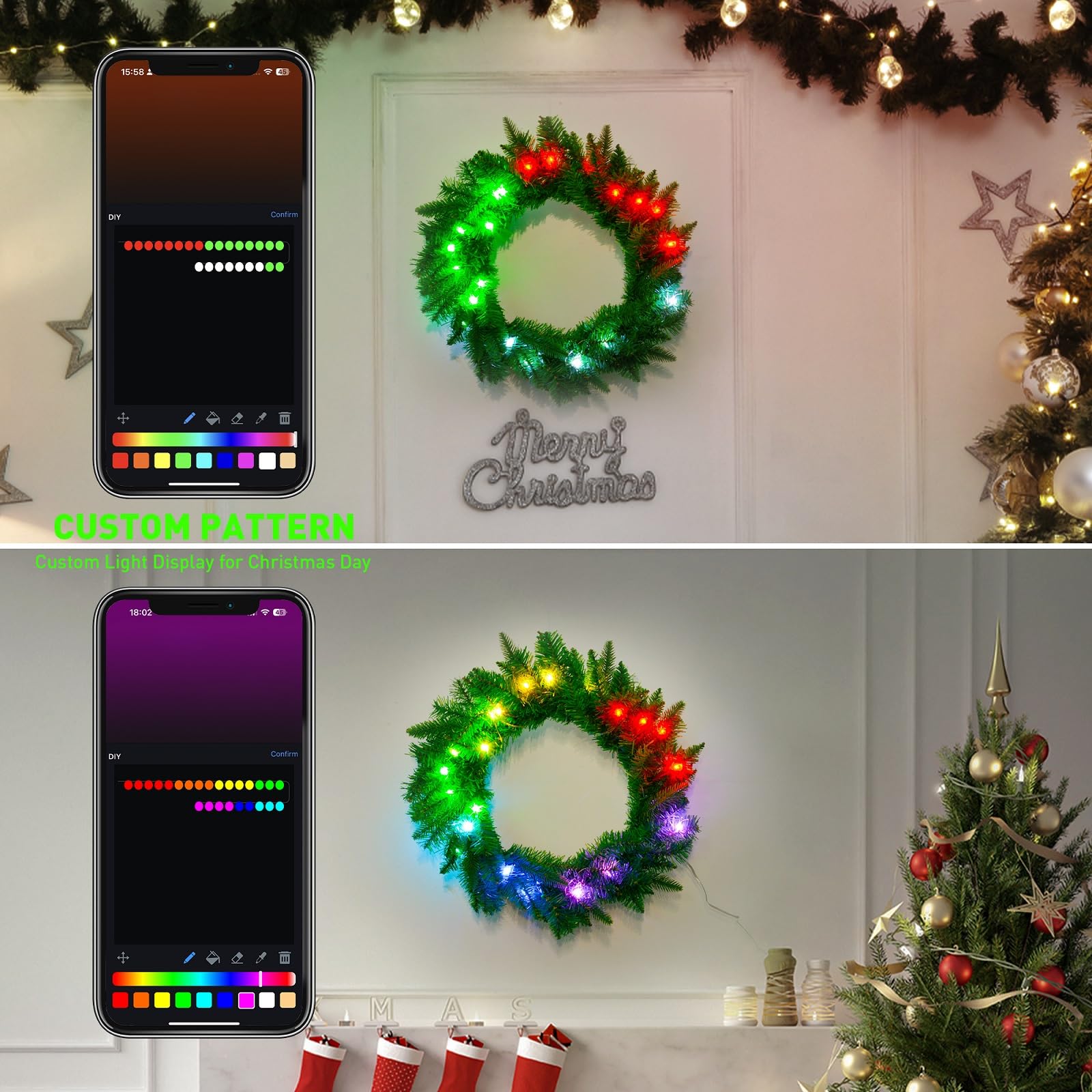 24 Inch Christmas Wreath Lighted App Remote Control, Pre-Lit Front Door ...