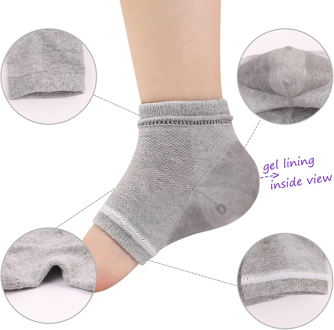 Heel Moisturizing Socks Open Toe Comfortable and Breathable Heel Cups, Lining Gel Moisturizing Socks are Suitable for Heel Cracking, Heel Tendinitis and Heel Pain Relief -4 Pcs White Grey : Beauty & Personal Care