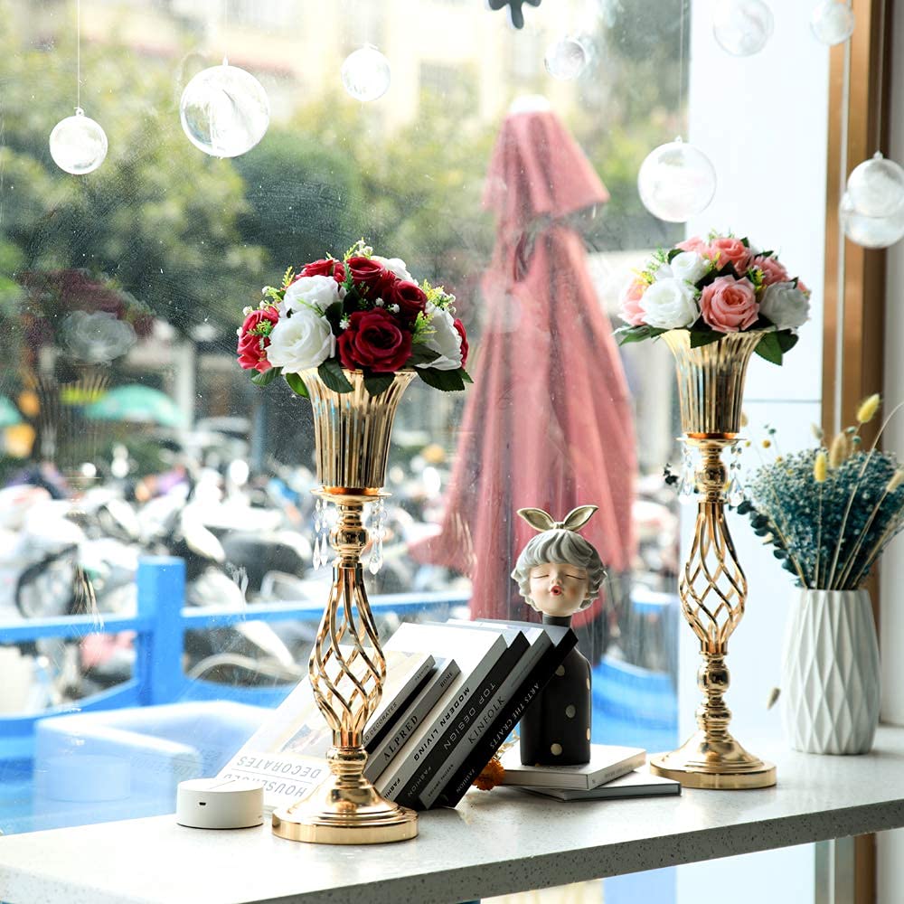 2 jarrón de trompeta dorado con cuentas de cristal, elegante centro de mesa floral de metal, perfecto para banquetes de boda, cumpleaños, aniversarios, fiestas de vacaciones y otros centros de mesa de eventos importantes (20.2 pulgadas) 8