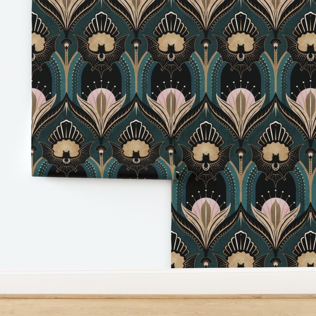 Spoonflower Peel & Stick Wallpaper 6ft x 2ft - Elegant Art Deco Bats Flowers Teal Gold Black Pink 1920S Opulent Maximalist Custom Removable Wallpaper