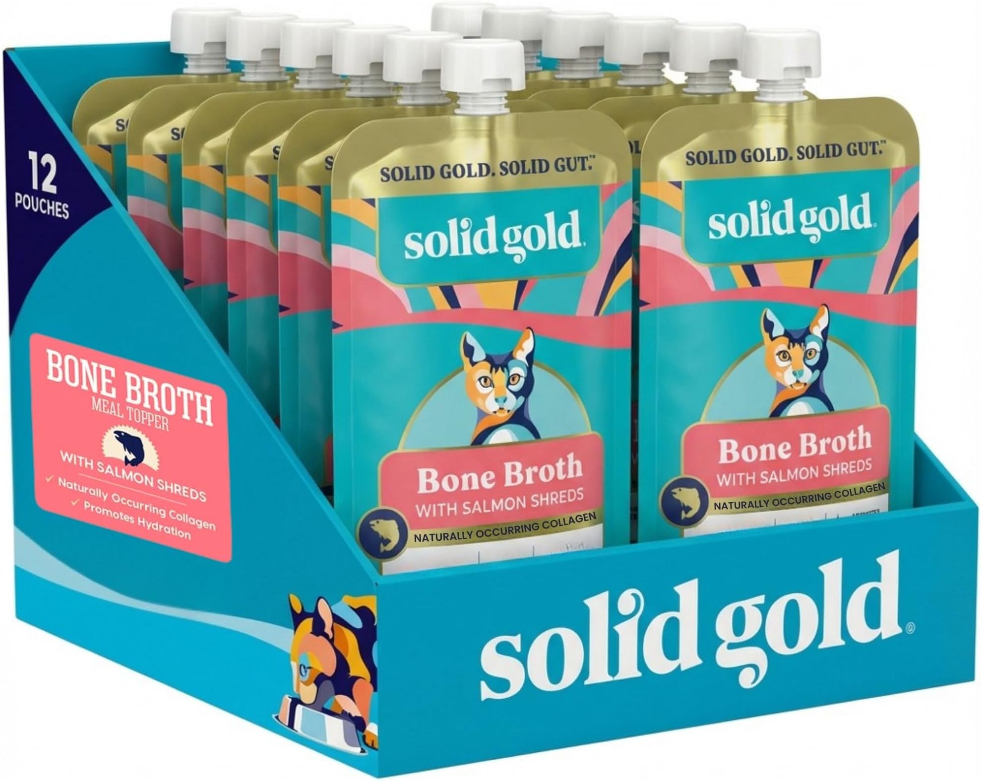 Solid Gold Bone Broth Cat Food Topper - Lickable Wet Cat Food with Protein Shreds for Hydration - Easy to Serve Wet Cat Food Gravy Bone Broth for Cats - Healthy Cat Snacks Treats - Salmon -12 Pack