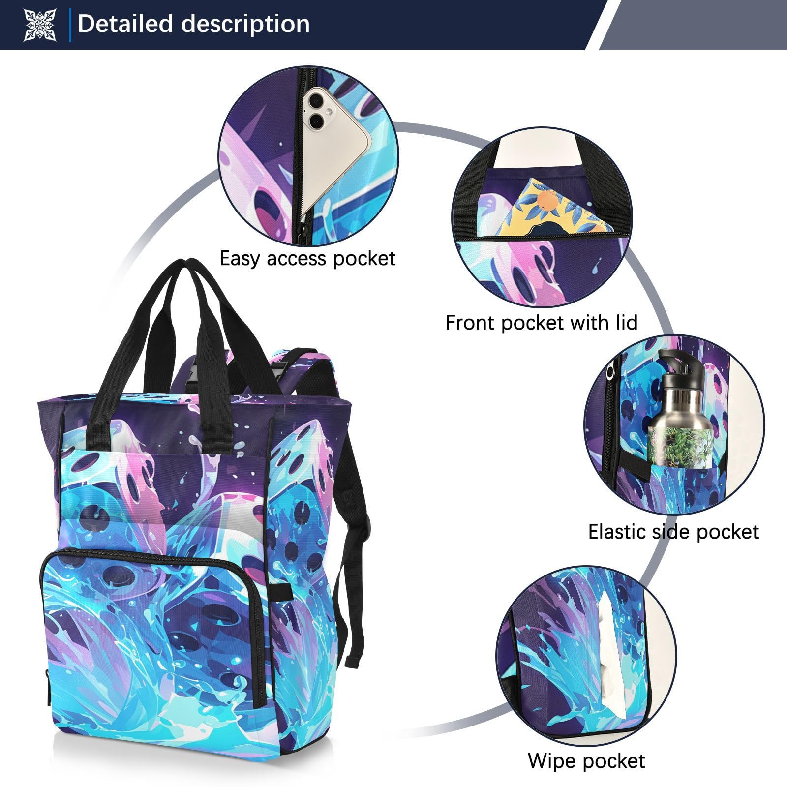 Dados Azules Salpicaduras Vibrantes Bolsa de Pañales Mochila de Viaje Gran Capacidad Bolsas para Mamá Papá Mujeres Niñas