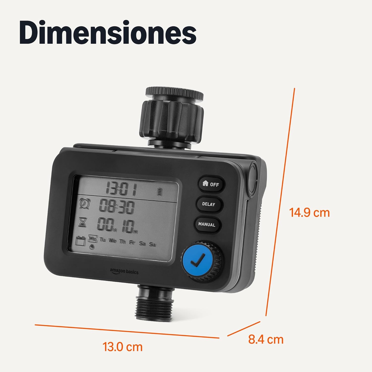Image showing the dimensions of the Amazon Basics Single Outlet Hose Watering Timer