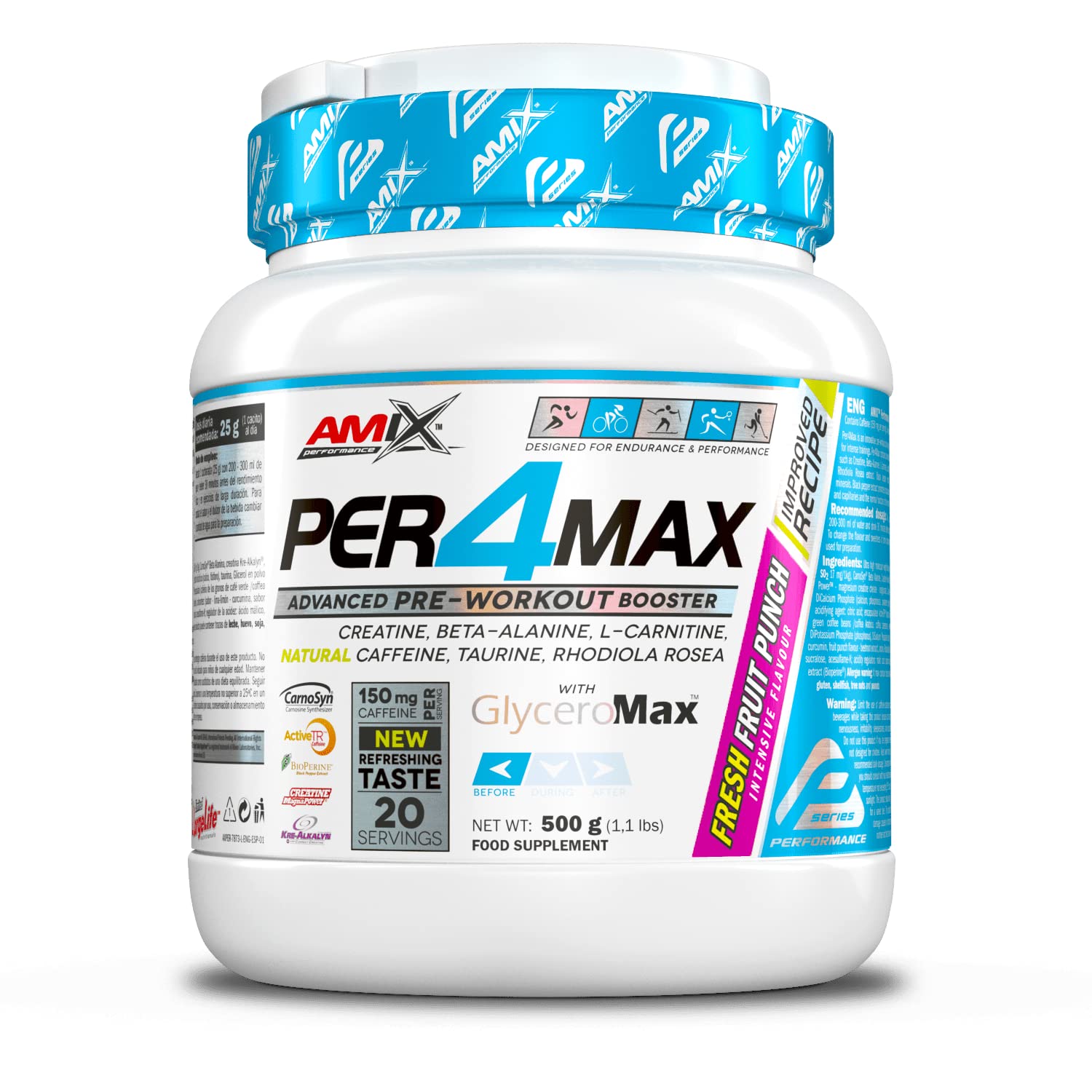 Amix Performance, Per4MAX, Bebida Preentreno, Suplemento de Carbohidratos, Acción Rápida, Bajo contenido en grasas saturadas, Sabor Fruit Punch, 500 gr
