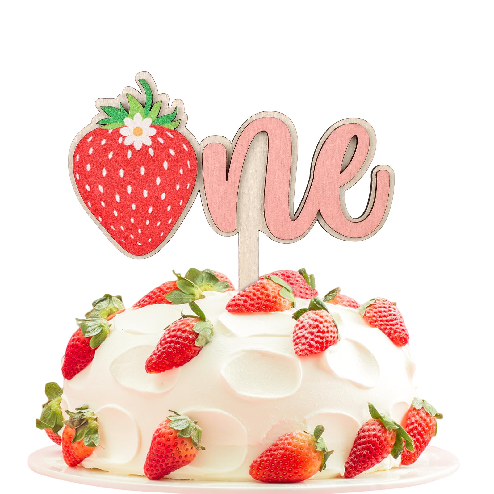 PEUTIER First Birthday Strawberry Cake Topper, Wooden Cake Topper, 2 Pieces, Pink, Solid, Cute and Elegant, Birthday Occasion