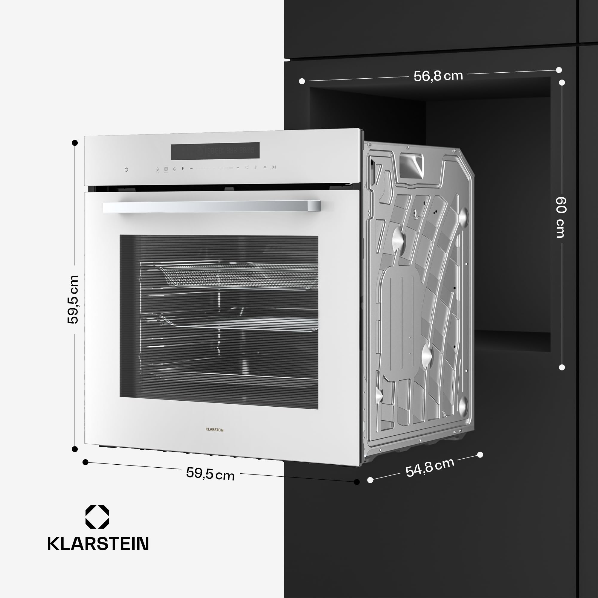 Klarstein Airjet Forno da Incasso 72L - Forno Elettrico Ventilato con Airfryer, 13 Funzioni, Touch, Classe A++, Pulizia Facile, Blocco Bambini, Sonda Temperatura, 60 cm, Bianco