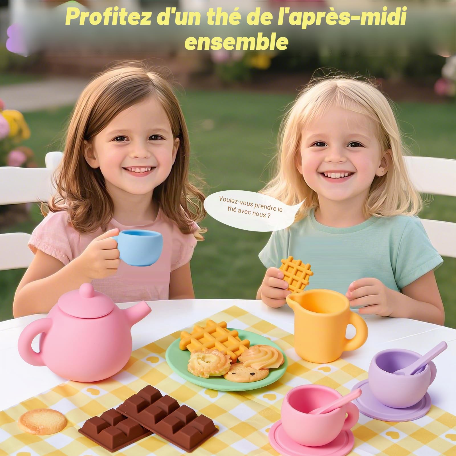 G.C Service à Thé Enfant Silicone, Dinette Enfant 3 4 5 6 Ans avec Silicone Dessert Couverts Couverture Pique-Nique Coffret, Accessoire Cuisine Cadeau Jouet Garcon Fille 3 4 5 6 Ans