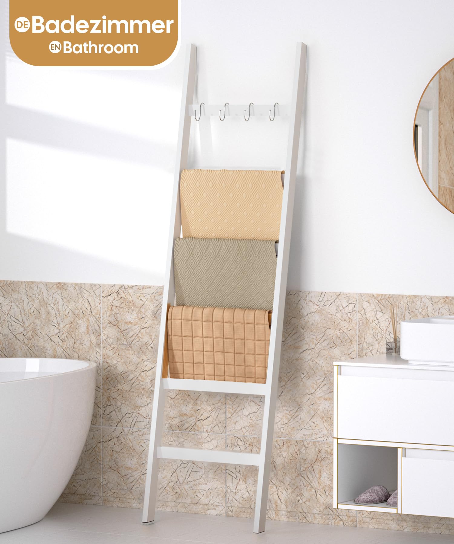 Yorbay Échelle Porte-Serviettes en Bambou à 6 Niveaux, avec 2 Sangles de Sécurité Anti-Chute et 4 Crochets Porte-Serviettes pour Salle de Bain Chambre à Coucher HxB 170 x 43 cm (Blanc)