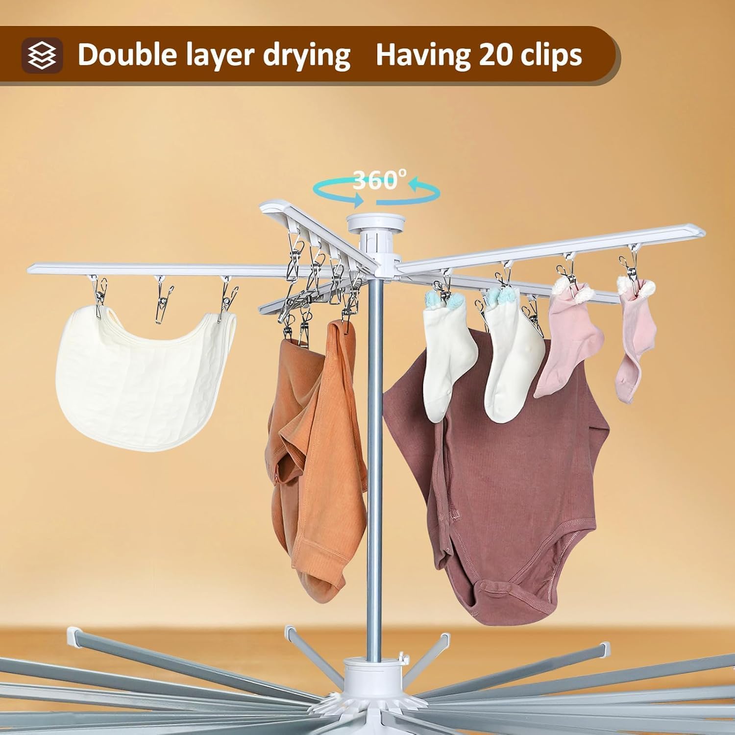 4-Leg Foldable Clothes Drying Rack with 20 Clips Shoe Holder 16Drying Rods Portable Aluminum Laundry Hanger with Wheels for Indoor & Outdoor Use Large 2025