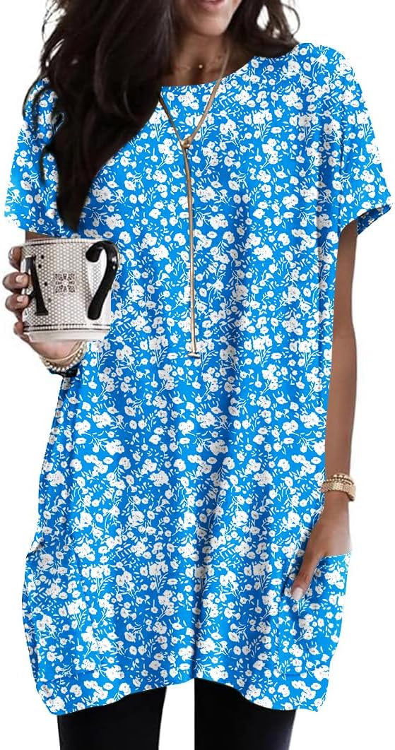 Naggoo Womens Short Sleeve Tunic Tops for Leggings Summer Casual Long Shirt with Pockets Floral Print T-Shirts