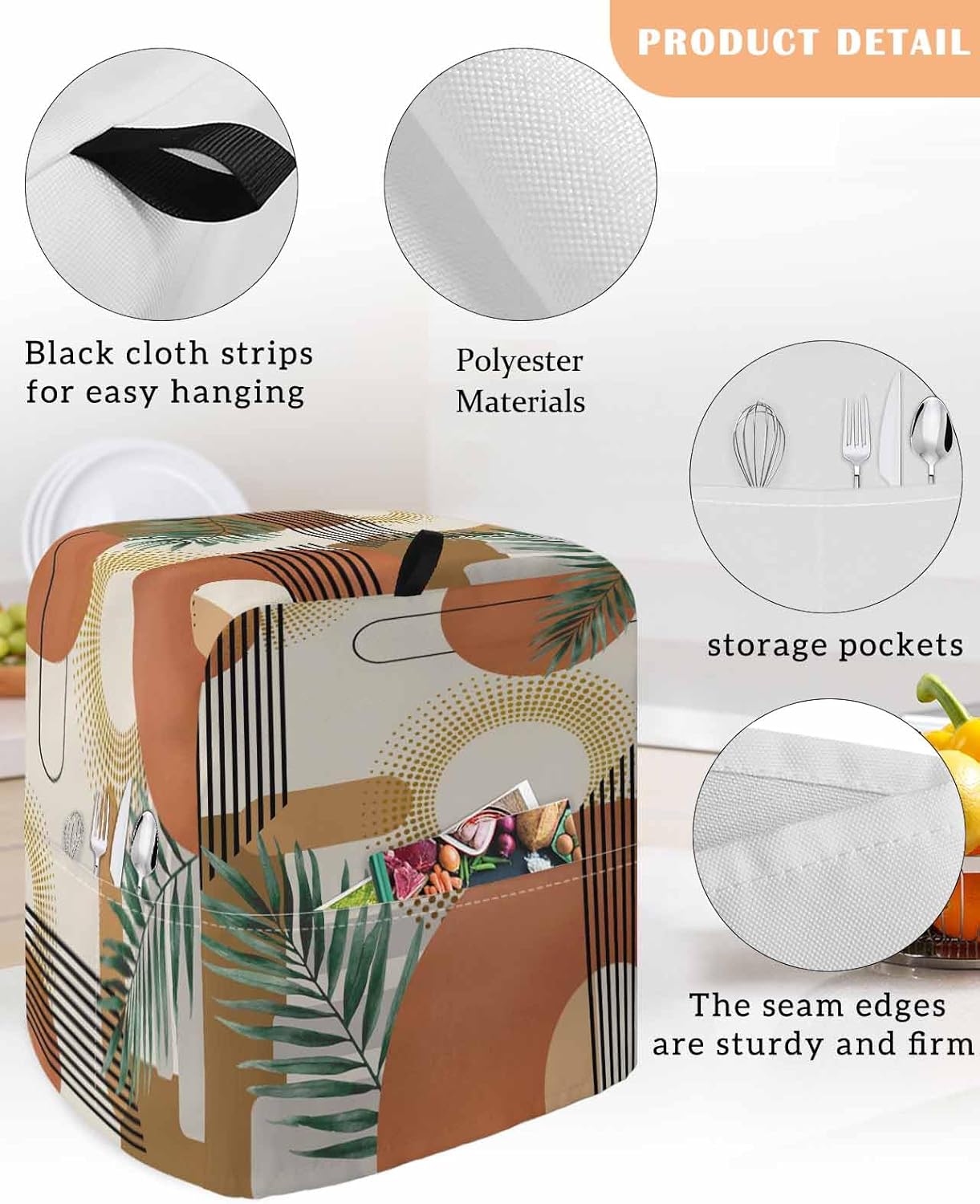 Boho Geometric Stand Mixer Cover with Storage Pocket, Waterproof Kitchen Mixer Covers, Farmhouse Orange Abstract Leaves Stripes Kitchen Appliance Dust Cover Compatible with 5-8 Quart Mixers