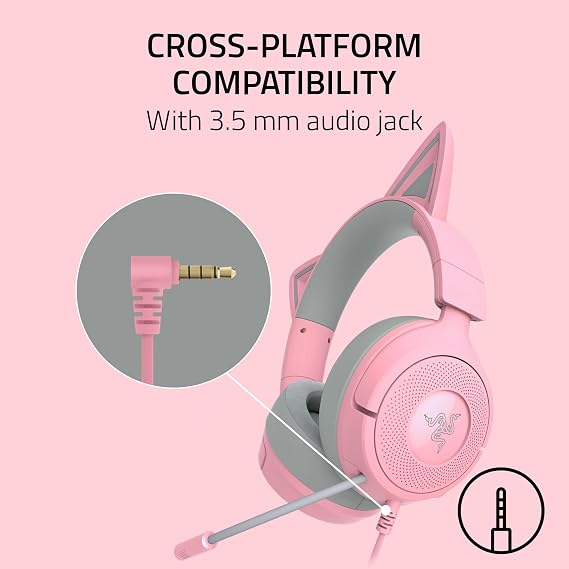 Razer Kraken Kitty V3 X Wired Gaming Headset: Kitty Ears - HyperClear Cardioid Mic - 40 mm Drivers - 7.1 Surround Sound - Comfy Ear Cushions - Cross-Platform via 3.5mm PC, PS5, Xbox, Switch 2 - Pink