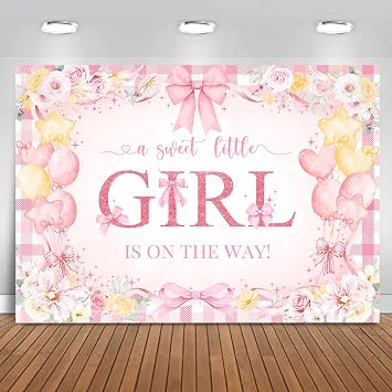 Mocsicka 7x5ft Girl Baby Shower Backdrop Pink Bow Floral Sweet Baby Girl is On The Way Decorations Banner Watercolor Balloon Its a Girl Banner Photo Booth Props 7x5ft 82x60 inch