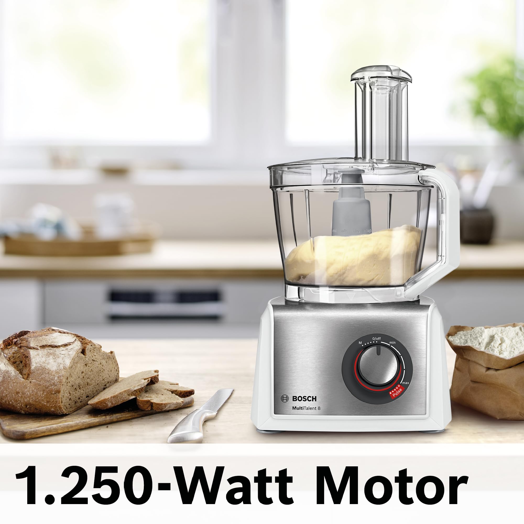 Bosch Kompakt-Küchenmaschine MultiTalent 8, 45 Funktionen, XXL-Rührschüssel 3,9 L, Mixer 1,5 L, Universalmesser, Rührbesen, schneiden und raspeln (fein,grob), 1250 W, weiß/edelstahl, MC812S814