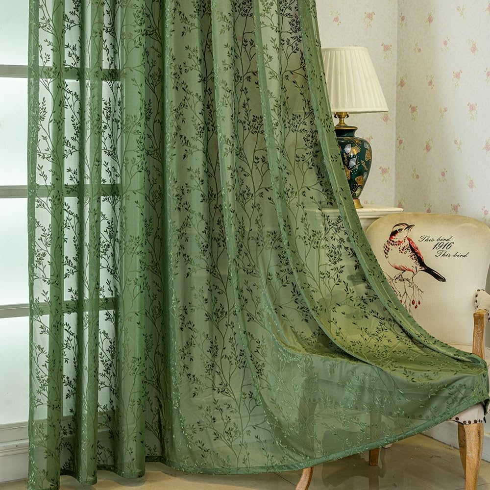 Amidoudou 1 Pair Exquisite Plant Embroidery Sheer Curtains Hollowed Carved Window Screening for Living Room Bedroom (Dark Green,52" W x 95" L (Pack of 2))