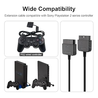 CSTESVN PS2 Controller Extension Cable, 2-Pack 1.8M/6FT Replacement Controller Extension Cable for Sony PlayStation 2 PS2 Game Console