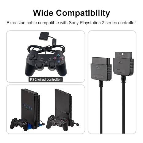 CSTESVN PS2 Controller Extension Cable, 2-Pack 1.8M/6FT Replacement Controller Extension Cable for Sony PlayStation 2 PS2 Game Console