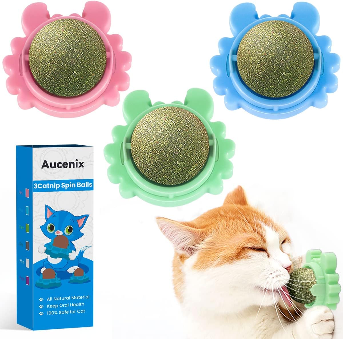 – Catnip Balls Toy for Cat, Wall Catnip Roller for Cat Licking, Teeth Cleaning Dental Edible Kitten Toy, Natural Rotating Cat Toy (Pink+Blue+Green)