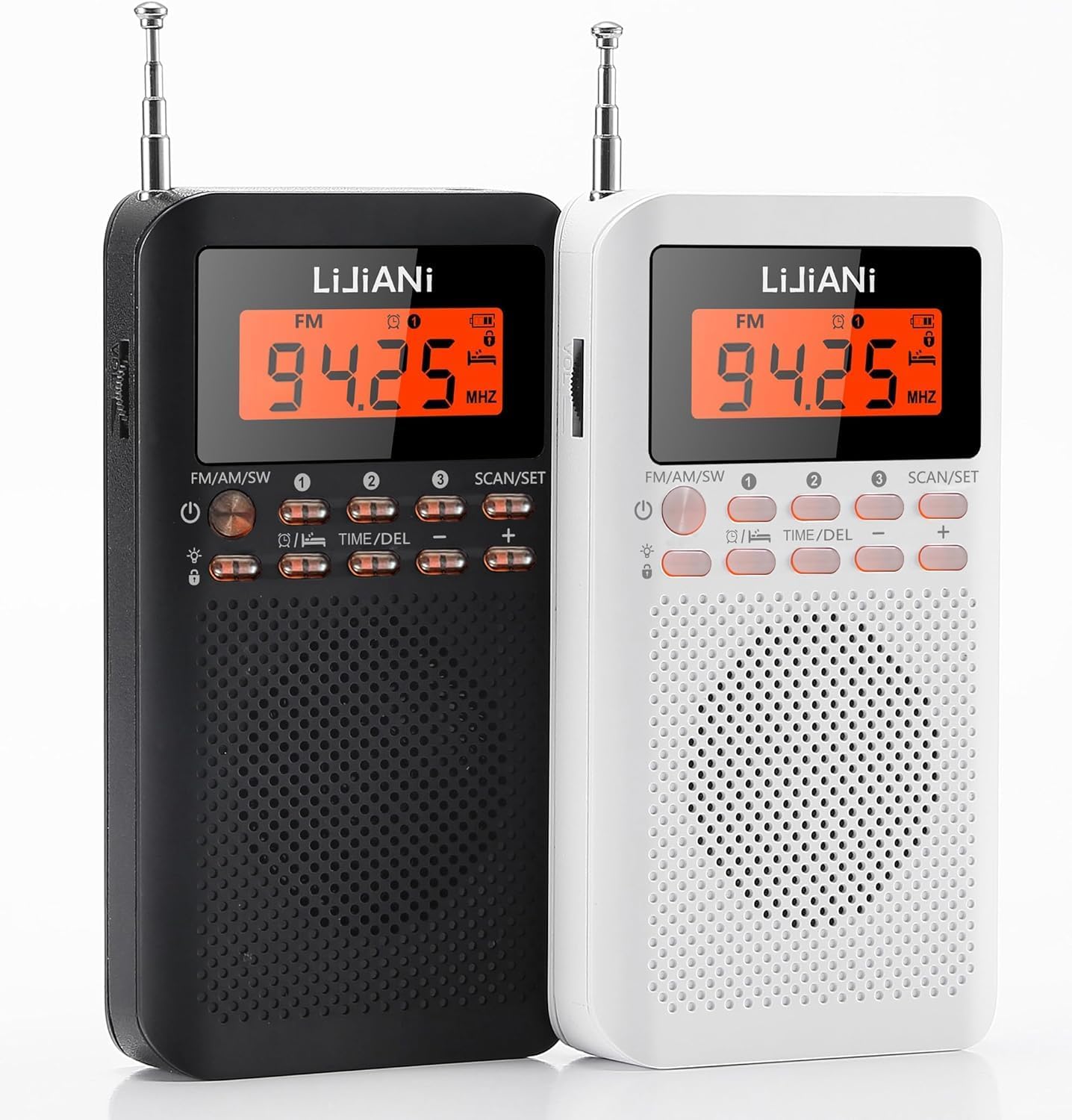 Side-by-side view of black and white LIJIANI RD218 portable radios