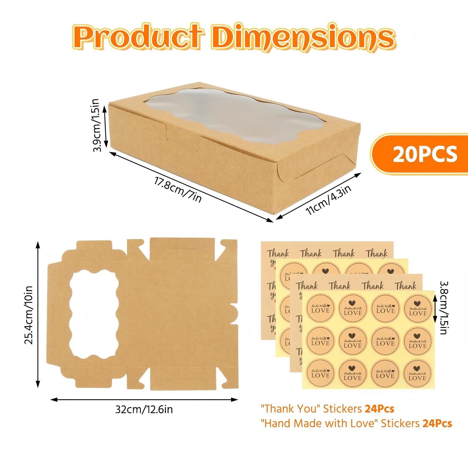 20 sztuk pudełek na ciastka z okienkiem, 17,8 x 11 x 3,9 cm, brązowe pudełko transportowe na babeczki, na Boże Narodzenie, imprezę, ciastka, muffinki, ciasto, czekoladę