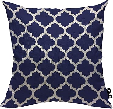 Mugod Navy Blue and White Throw Pillow Case Quatrefoil Clover Moroccan Flower Lantern Shape Decorative Cotton Linen Square Cushion Covers Standard Pillowcase Couch Sofa Bed Men/Women 18x18 Inch