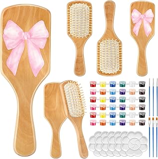 Meanplan 6 Set DIY Wooden Hairbrush Painting Kits Make Your Own Hair Brush Girls Hand-Painted Hairbrush Night Party Supplies with Paint Brush and Palette for DIY Gift Party Crafts